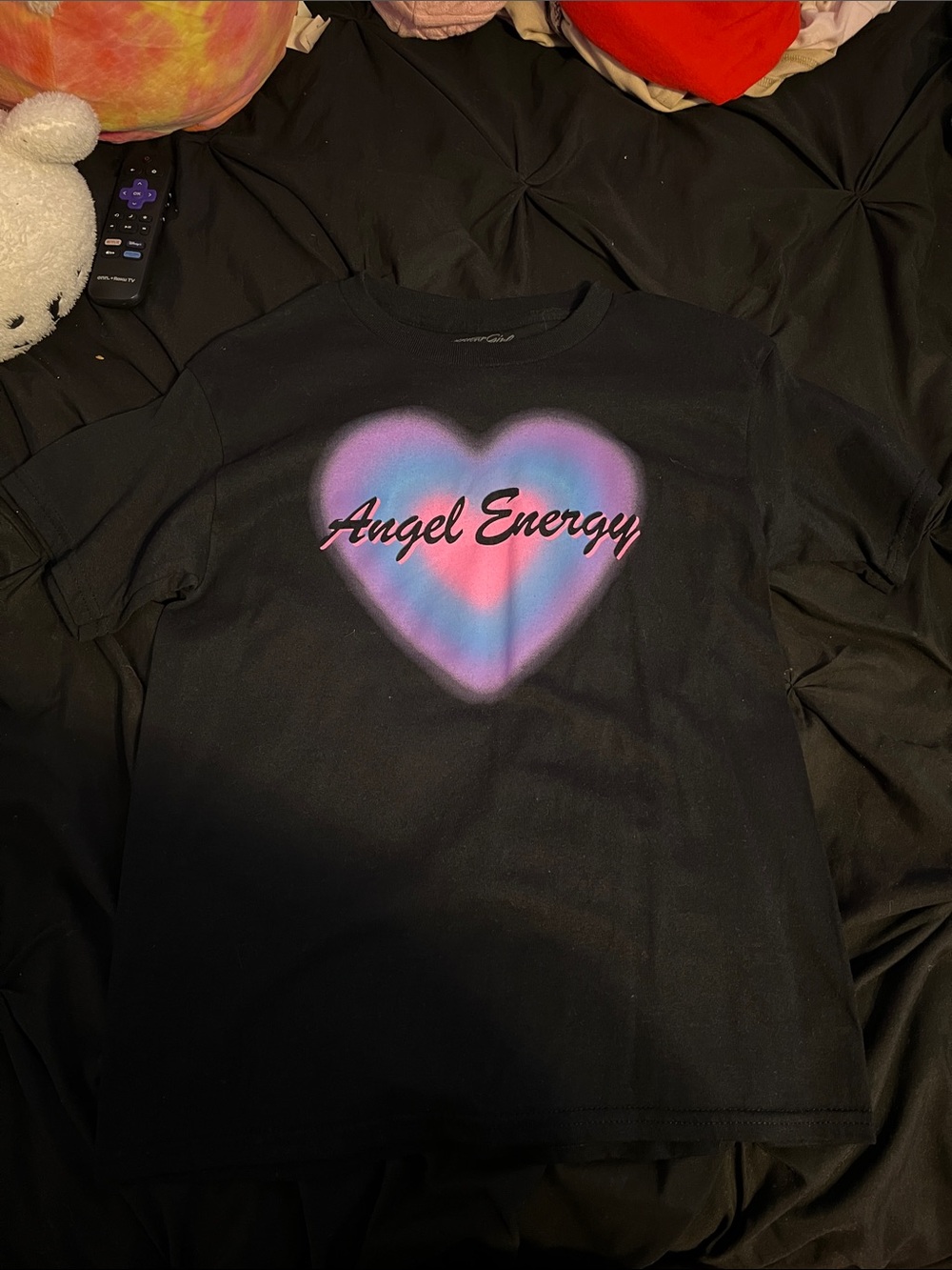 Black Tee with Pink & Blue Heart "Angel Energy" Graphic